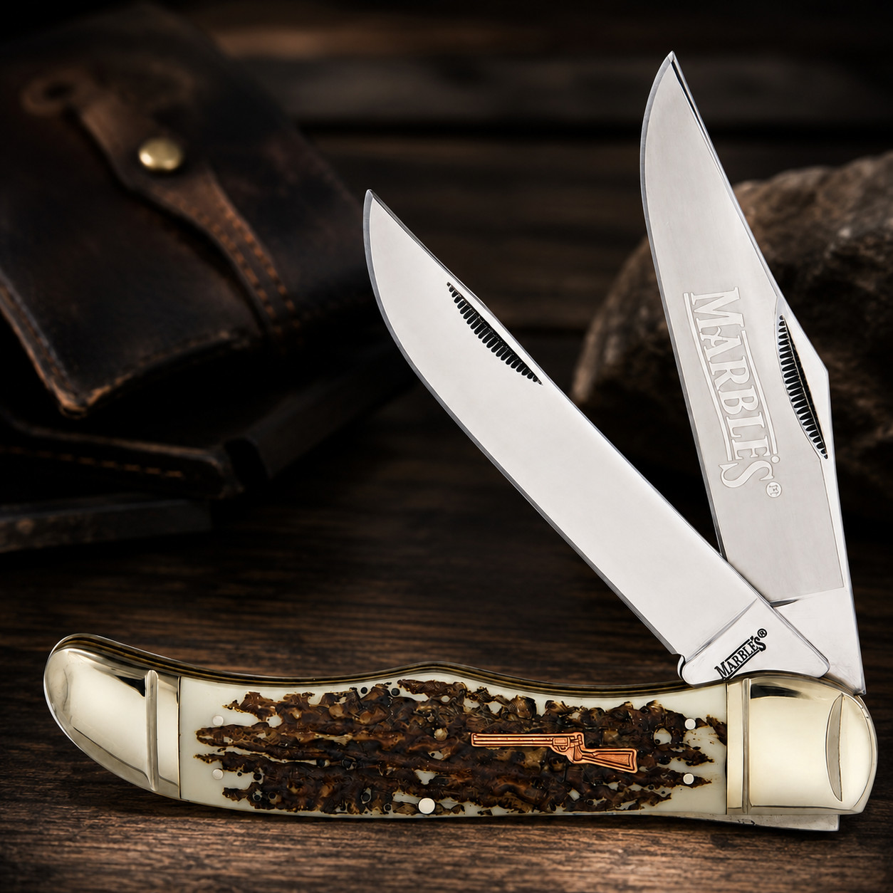 Marbles 2 Blade Folding Hunter Pocket Knife Stag Delrin Trapper w/ Sheath