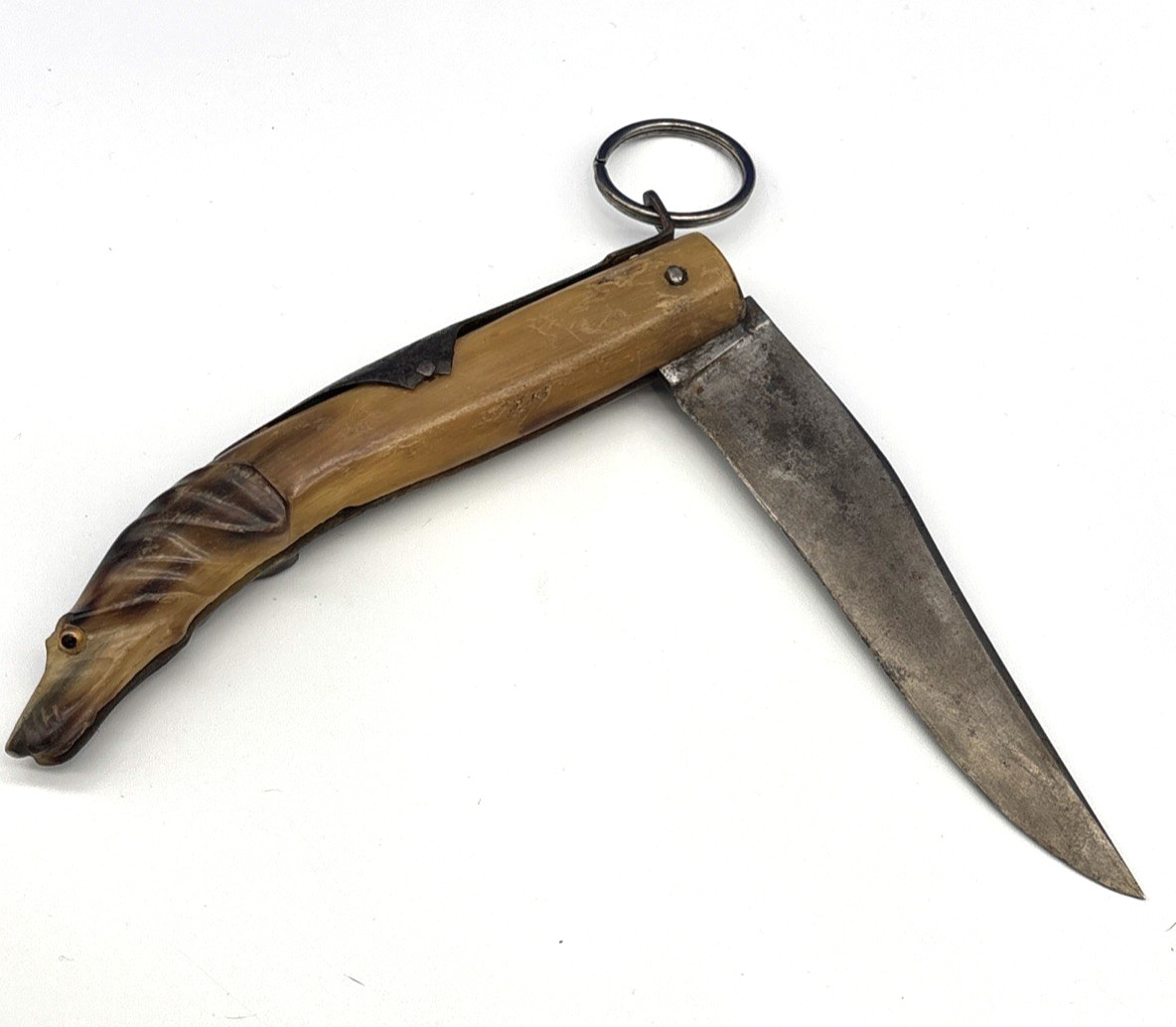 Antique French Folding Pocket Knife Curved Horn Handle Animal Head