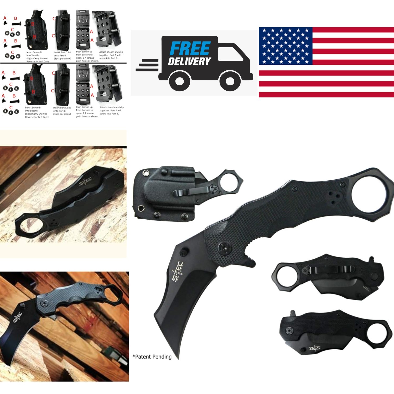 Quick Deploy Sheath Karambit Knife 7.25 Inch Clip Point G10 Handle Adult Use