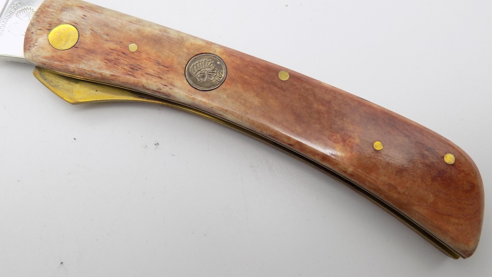 Indian Head IH14 Brown Bone Folding Pocket Knife Handmade 440 Steel Box New
