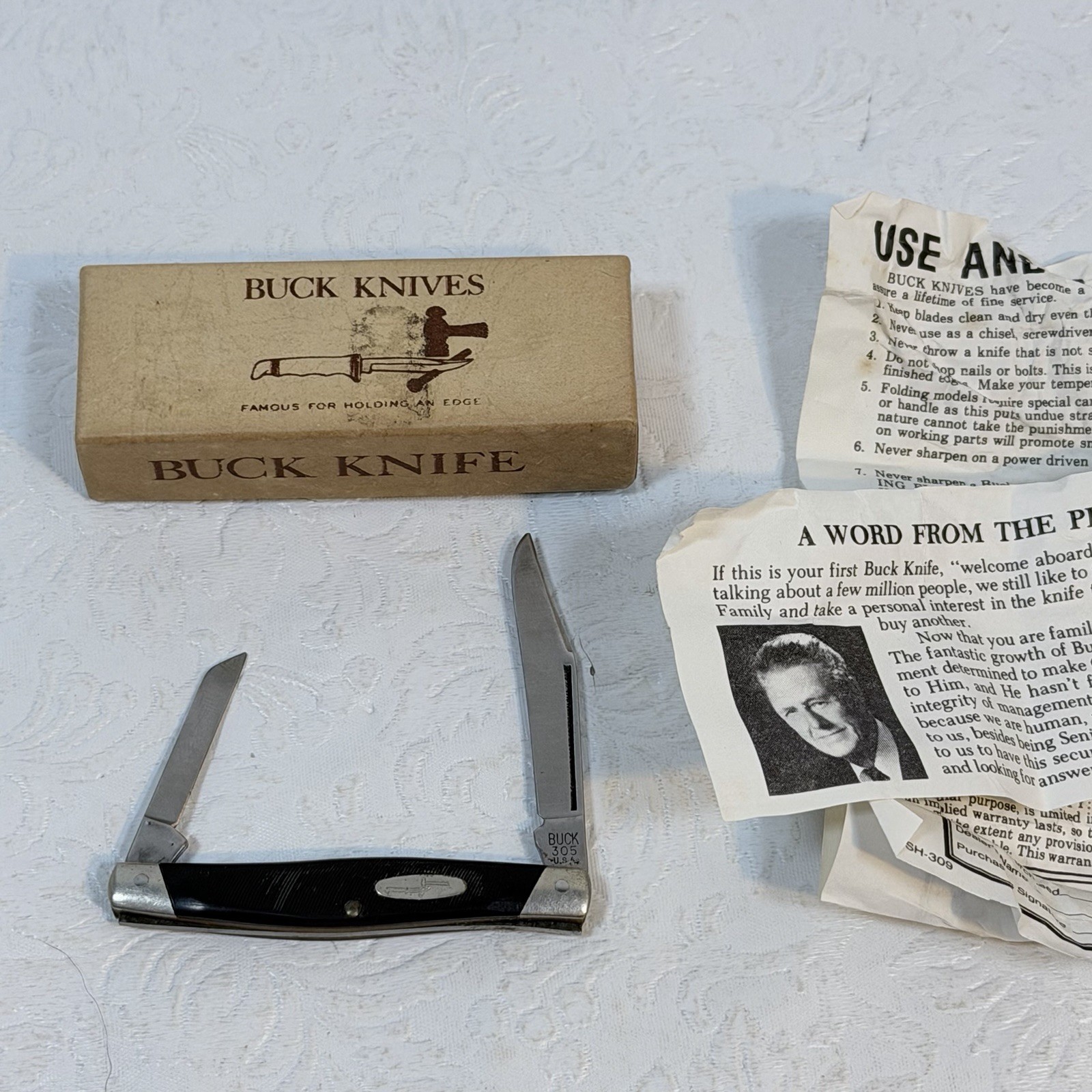 Vintage Buck Lancer 305 USA Folding Pocket Knife Pre Date Code Box Paperwork NEW