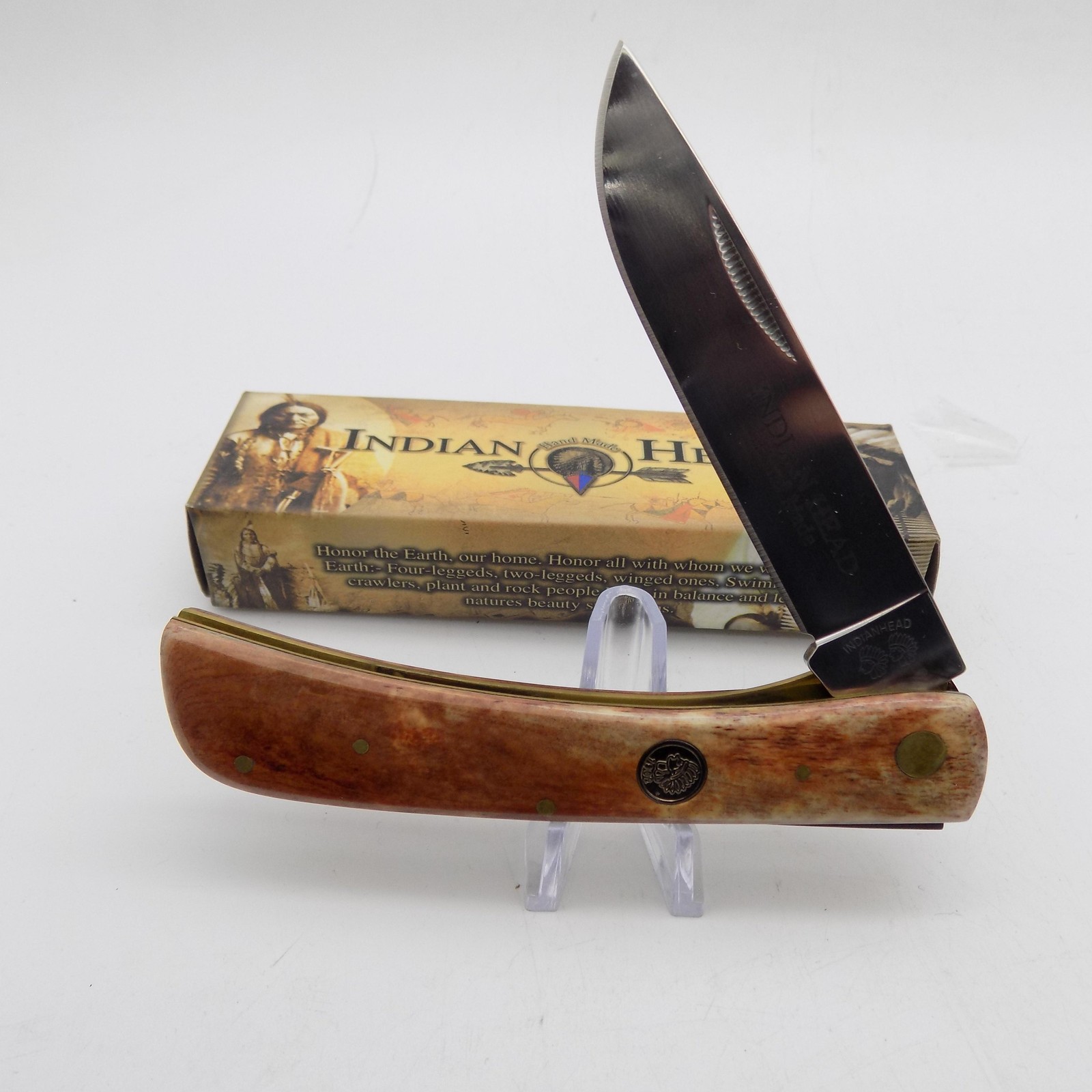 Indian Head IH14 Brown Bone Folding Pocket Knife Handmade 440 Steel Box New