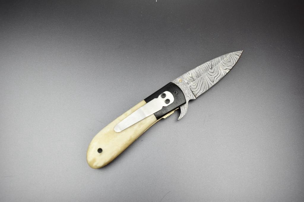 Damascus Steel Folding Pocket Knife with Camel Bone Handle – Made to Order