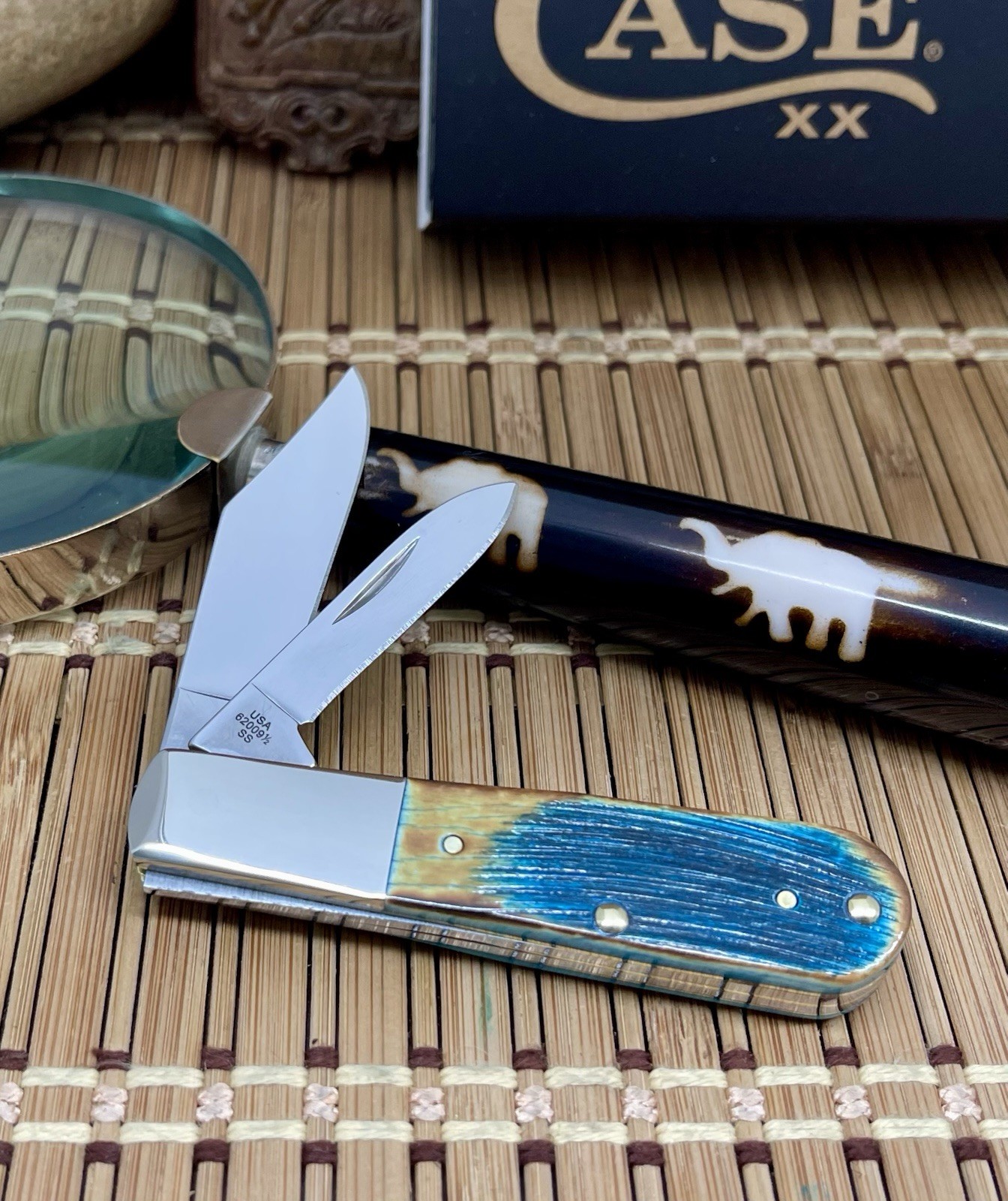 Case XX USA Hand Fired Sawcut Caribbean Blue Bone Stainless Barlow Pocket Knife