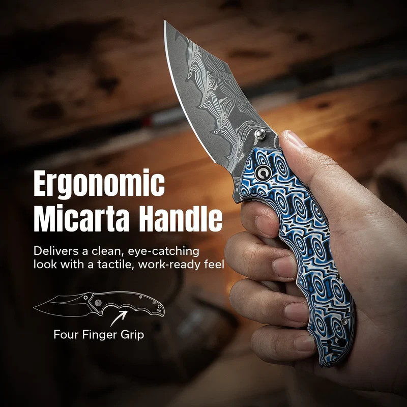 Civivi Pentad Folding Knife 3.5″ Damascus Steel Blade Blue/White Micarta Handle