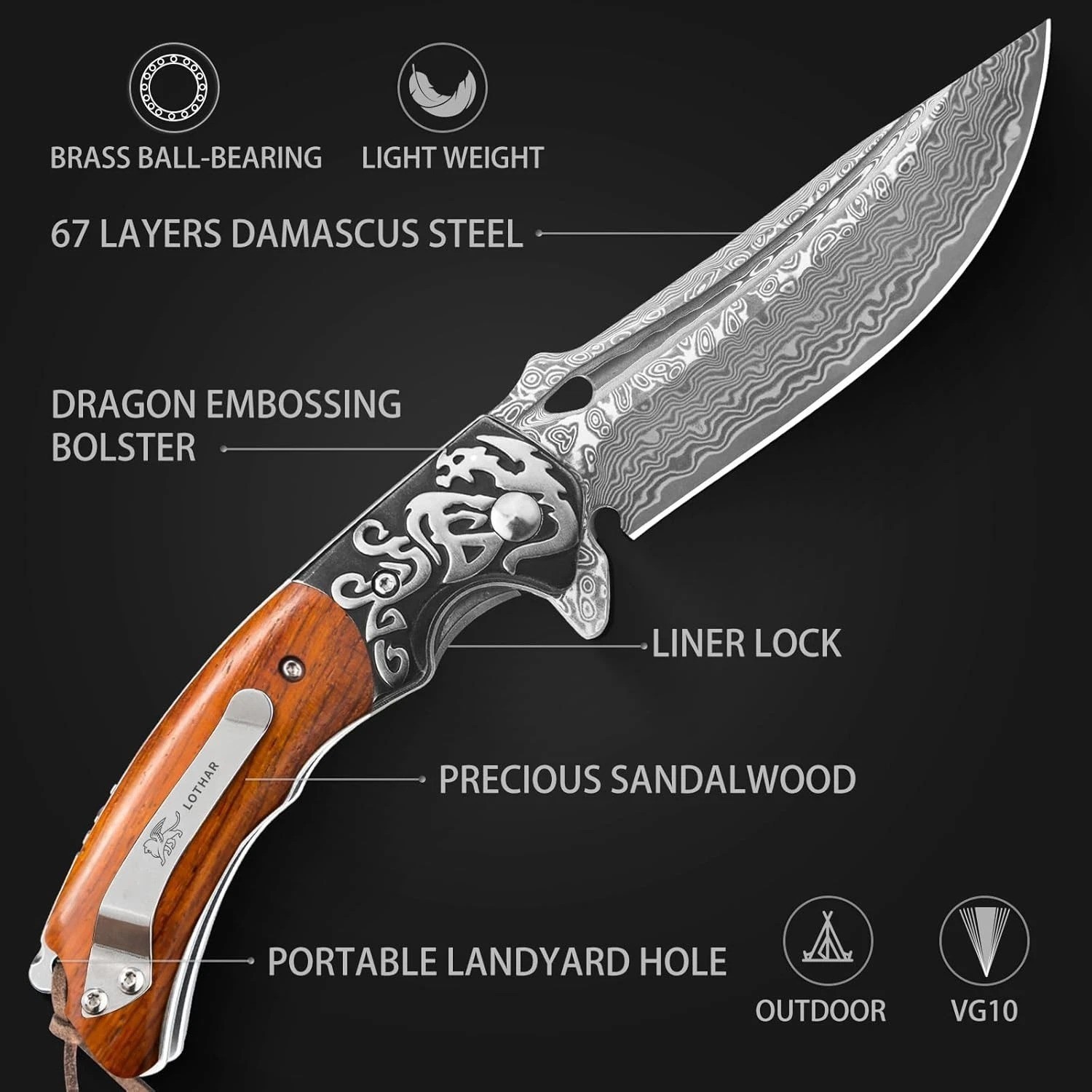 Mens Damascus Folding Knife – Hand Forged VG10, Sandalwood, Collector Gift