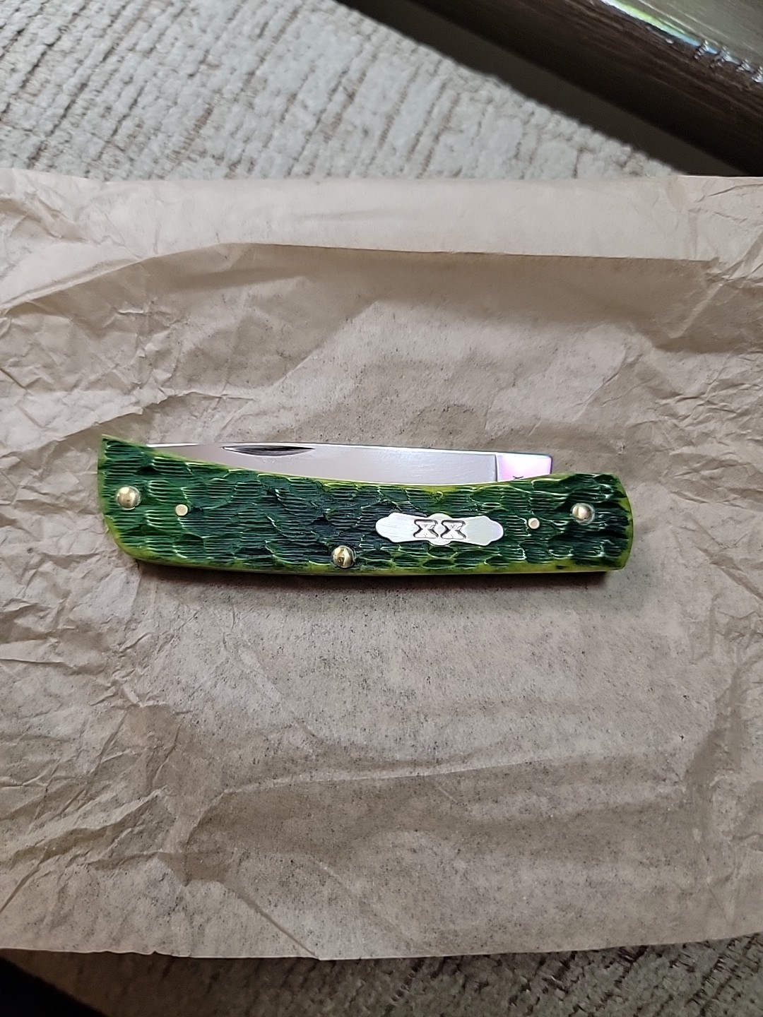 Case XX Green Apple Bone Peach Seed Jig Sod Buster Jr 27863 Sodbuster